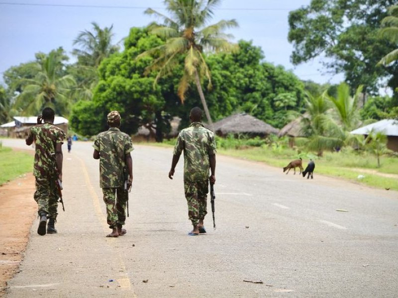 Soldiers from the Mozambican army patrol the streets after security in the area was increased, following a two-day attack from suspected islamists in October last year, on March 7, 2018 in Mocimboa da Praia, Mozambique.