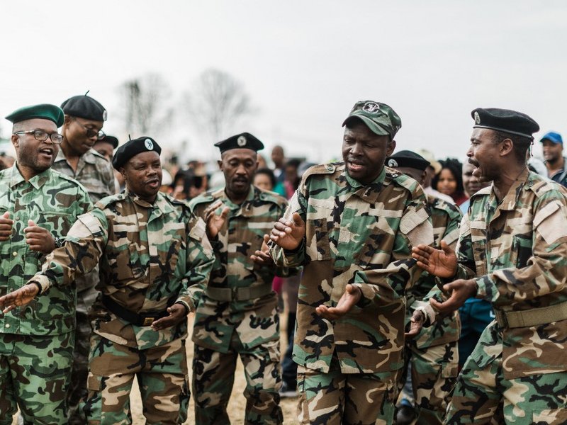 Members of the uMkhonto weSizwe Military Veterans Association ( MKMVA) take part on the day of the arrest of the first black and former South African president Nelson Mandela 56-years-ago in Howick some 90 kilometres outside of Durban, during a commemorat