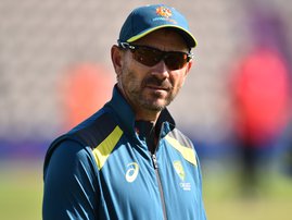 Australia's head coach Justin Langer joins his players during warm-up ahead of the 2019 Cricket World Cup warm up match between Australia and Sri Lanka at the Rose Bowl in Southampton, southern England, on May 27, 2019.  Glyn KIRK / AFP