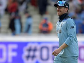 England's captain Eoin Morgan celebrates after victory in the 2019 Cricket World Cup group stage match between England and India at Edgbaston in Birmingham, central England, on June 30, 2019.  Dibyangshu Sarkar / AFP