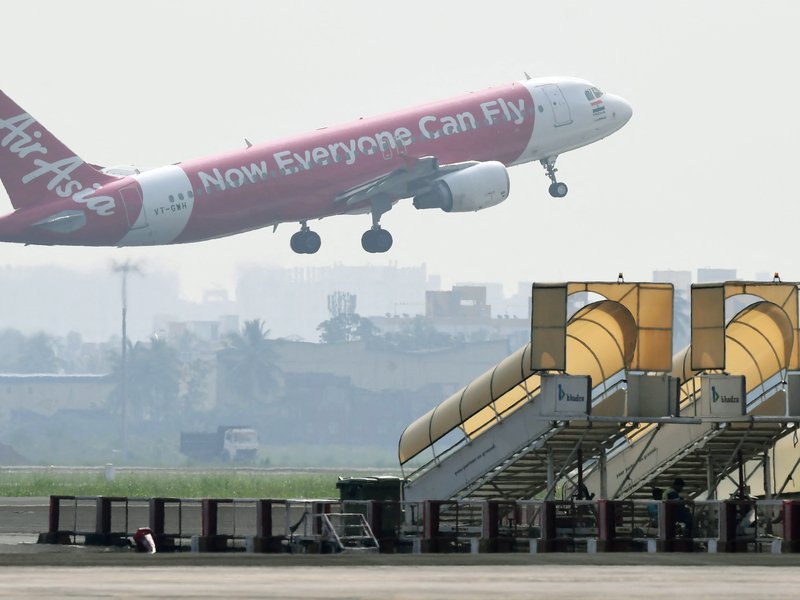 An AirAsia aircraft takes off at Netaji Subhas Chandra Bose International Airport in Kolkata on October 17, 2019.