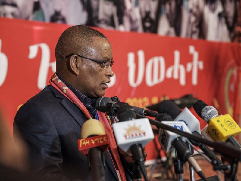 Chairman of the Tigray People's Liberation Front (TPLF) Debretsion Gebremichael delivers a speech during the TPLF First Emergency General Congress in Mekelle, Ethiopia, on January 4, 2020.