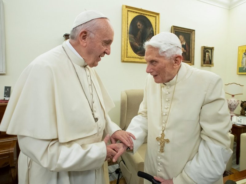 Pope Francis (L) meeting with Pope Benedict XVI (R) at the Vatican. Former pope Benedict XVI has publicly urged his successor Pope Francis not to open the Catholic priesthood up to married men, in a plea that stunned Vatican experts on January 12, 2020.