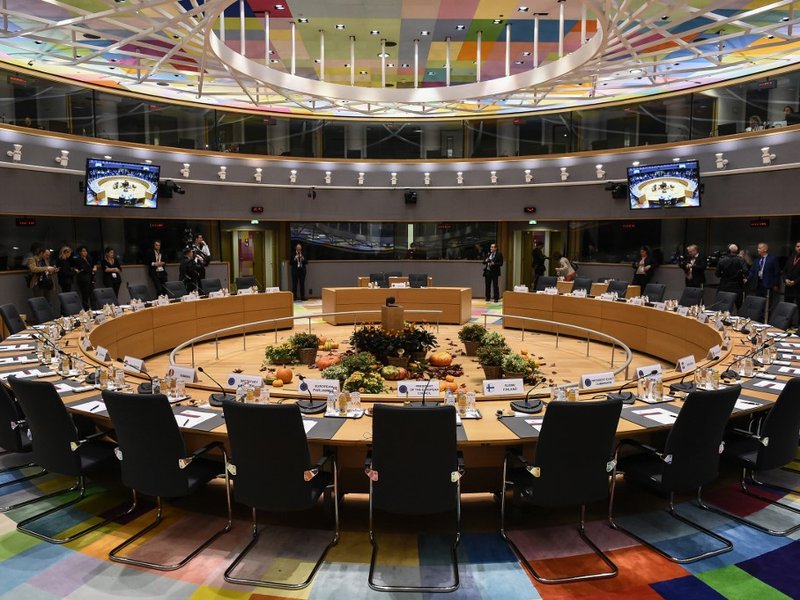 This file photo taken on October 17, 2019 shows the European Council meeting room ahead of an European Union Summit at European Union Headquarters in Brussels. A major meeting of European leaders, it is a milestone in the history of the Union: the Europea