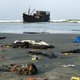 Belongings of Rohingya refugees lay on the shore as their carrier boat remains anchored nearby in Teknaf on 16 April 2020. Thirty-two Rohingya died on an overcrowded fishing trawler stranded in the Bay of Bengal for nearly two months, officials said April