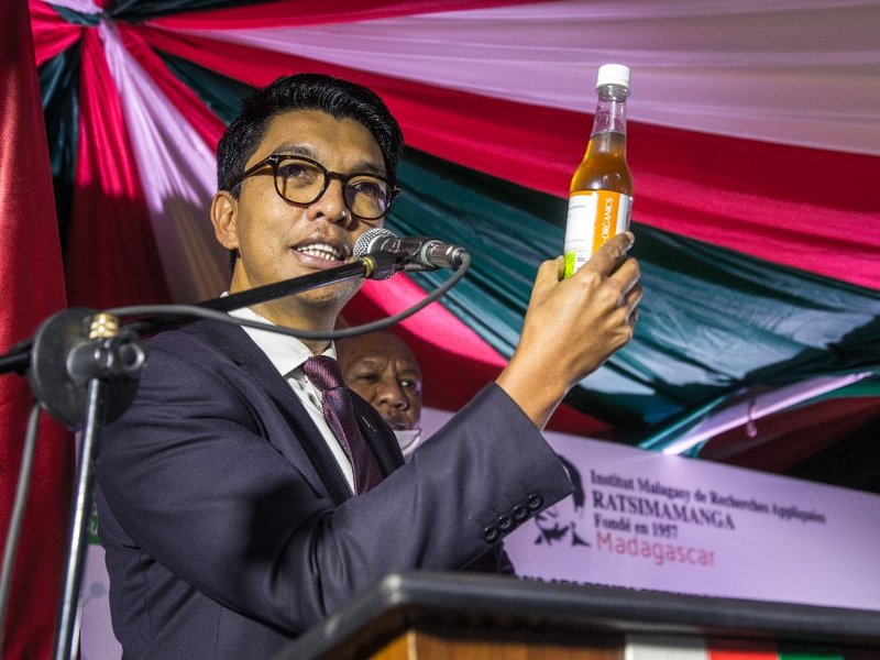 The President of Madagascar Andry Rajoelina attends a ceremony to launch "Covid Organics" or CVO, in Antananarivo, on 20 April 2020, a remedy from the Malagasy Institute of Applied Research (IMRA) created from the Artemisia plant and supposed to prevent a