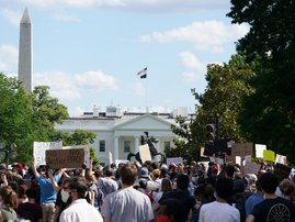 Demonstrators gather to protest the death of George Floyd, near the White House on May 31, 2020 in Washington, DC. Thousands of National Guard troops patrolled major US cities after five consecutive nights of protests over racism and police brutality that