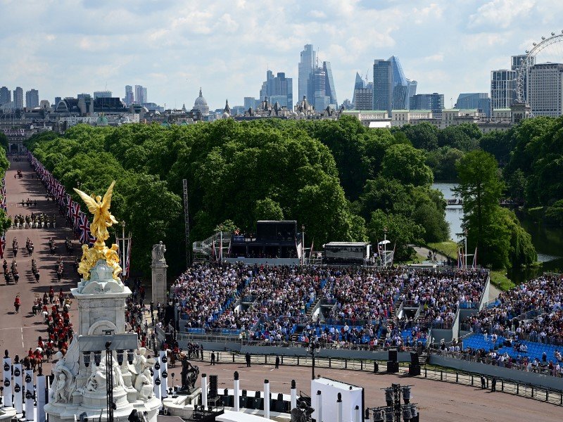 Members of the Household Cavalry process along The Mall towards Horseguards Parade to take part in the Queen's Birthday Parade, the Trooping the Colour, as part of Queen Elizabeth II's Platinum Jubilee celebrations, in London on June 2, 2022. Huge crowds