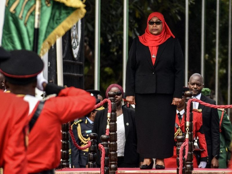 New Tanzanian President Samia Suluhu Hassan, inspects a military parade following her swearing in the country's first female President after the sudden death of President John Magufuli at statehouse in Dar es Salaam, Tanzania on March 19, 2021. Hassan, 61