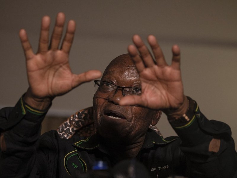Former South African president Jacob Zuma addresses the media in his home in Nkandla, KwaZulu-Natal on July 4, 2021. South Africa's former president Jacob Zuma, ordered to surrender himself to start a 15-month jail term for contempt, said on July 4, 2021,