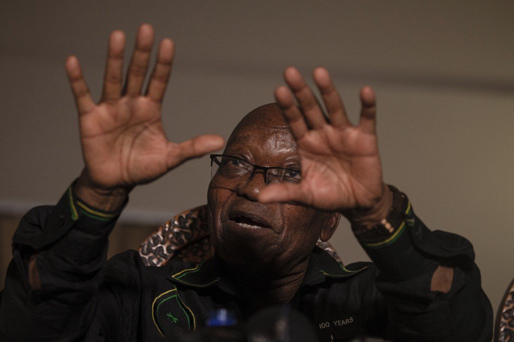 Former South African president Jacob Zuma addresses the media in his home in Nkandla, KwaZulu-Natal on July 4, 2021. South Africa's former president Jacob Zuma, ordered to surrender himself to start a 15-month jail term for contempt, said on July 4, 2021,