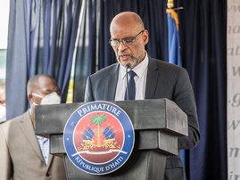 Designated Prime Minister Ariel Henry speaks during a ceremony at La Primature in Port-au-Prince, Haiti, on July 20, 2021. The ceremony comes as designated Prime Minister Ariel Henry prepared to replace interim Prime Minister Claude Joseph, after the July