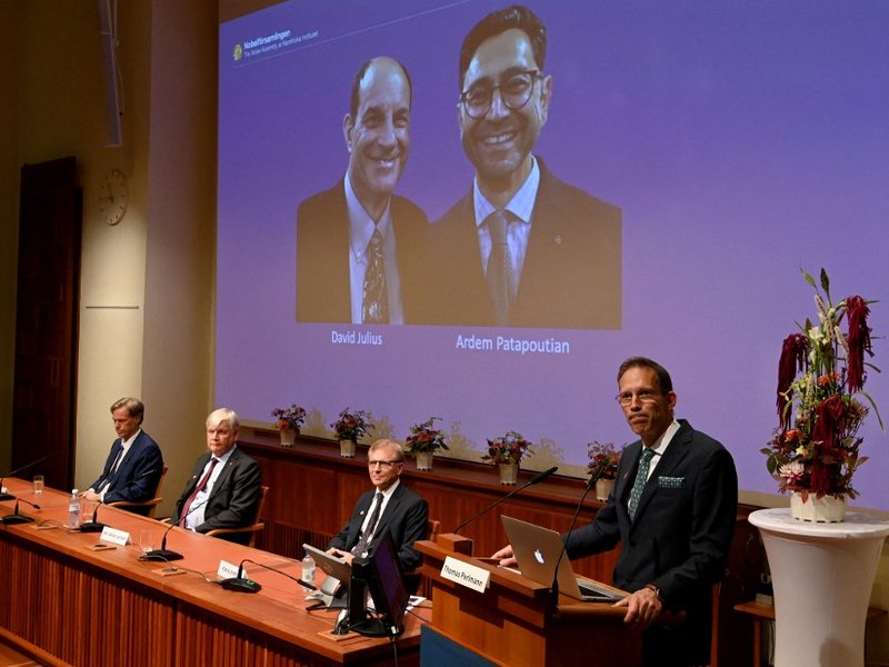 Thomas Perlmann (R), the Secretary of the Nobel Committee, stands next to a screen displaying the winners of the 2021 Nobel Prize in Physiology or Medicine David Julius (L) and Ardem Patapoutian, during a press conference at the Karolinska Institute in St