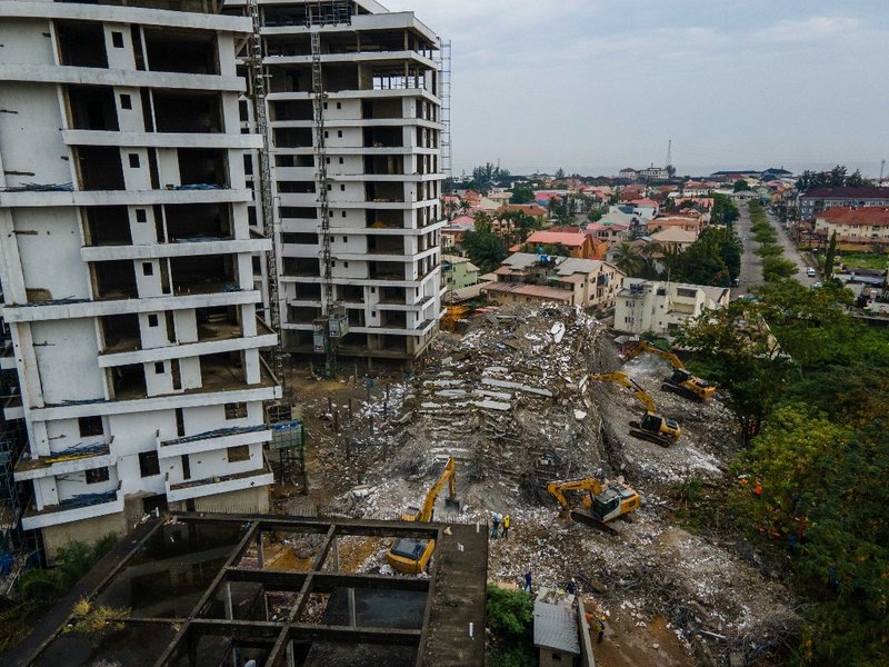 This aerial view taken on November 2, 2021, shows rubble of the 21-story building that collapsed on in Ikoyi, Lagos, on November 1, 2021. Nigerian rescue crews pulled two more survivors out of a collapsed Lagos high-rise building on November 2, 2021 and w