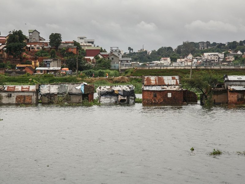 A general view of several houses affected by rising water following heavy rains in Antananarivo on January 24, 2022. Antananarivo and several regions of Madagascar have been hit by strong tropical storms that have caused 34 deaths and more than 62,000 peo