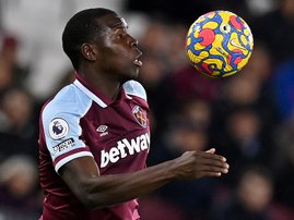 West Ham United's French defender Kurt Zouma controls the ball during the English Premier League football match between West Ham and Watford at the London Stadium, in London on February 8, 2022.