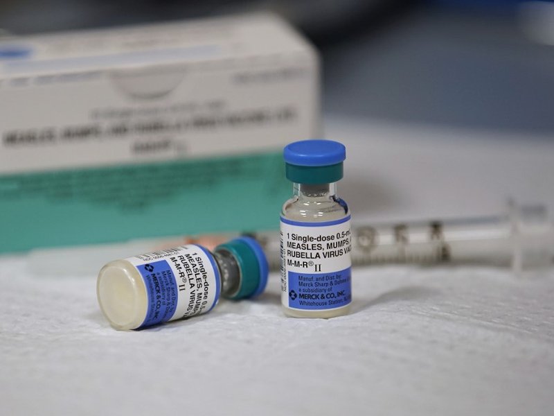 In this photo illustration a 10 pack and one dose bottles of measles, mumps and rubella virus vaccine, made by MERCK, sits on a counter at the Salt Lake County Health Department on April 26, 2019 in Salt Lake City, Utah.