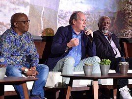 Creator/producer African vocal/choir arrangements Lebo M., Composer Hans Zimmer and actor John Kani attend the Global Press Conference for Disneys THE LION KING on July 10, 2019 in Beverly Hills, California. Alberto E. Rodriguez/Getty Images for Disney/AF