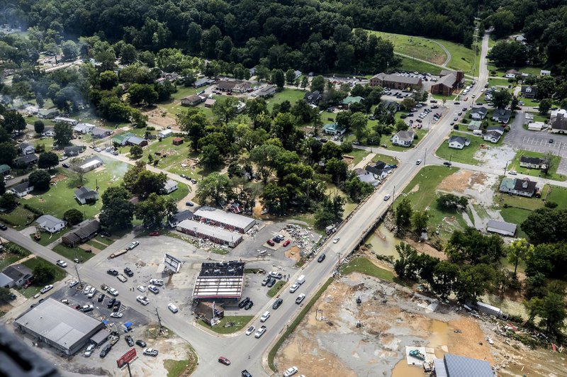 Flood damaged areas are shown from a UH-60 Black Hawk helicopter flown by the Tennessee National Guard August 22, 2021 in Waverly, Tennessee. At least 22 people were killed and 50 others remained missing today after flash floods swept through middle Tenne