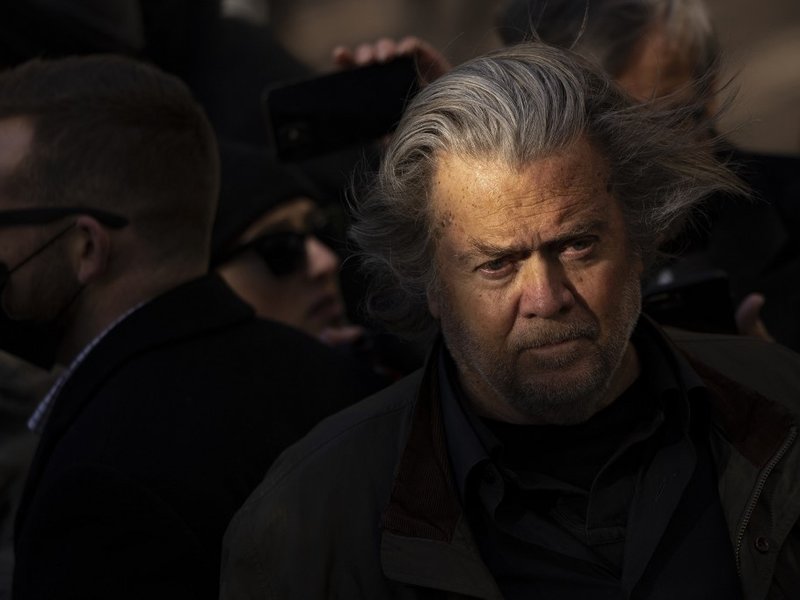 Former Trump Administration White House advisor Steve Bannon speaks to the press on his way out of federal court on November 15, 2021 in Washington, DC. Bannon was charged on Friday with two counts of contempt of Congress after refusing to comply with a s