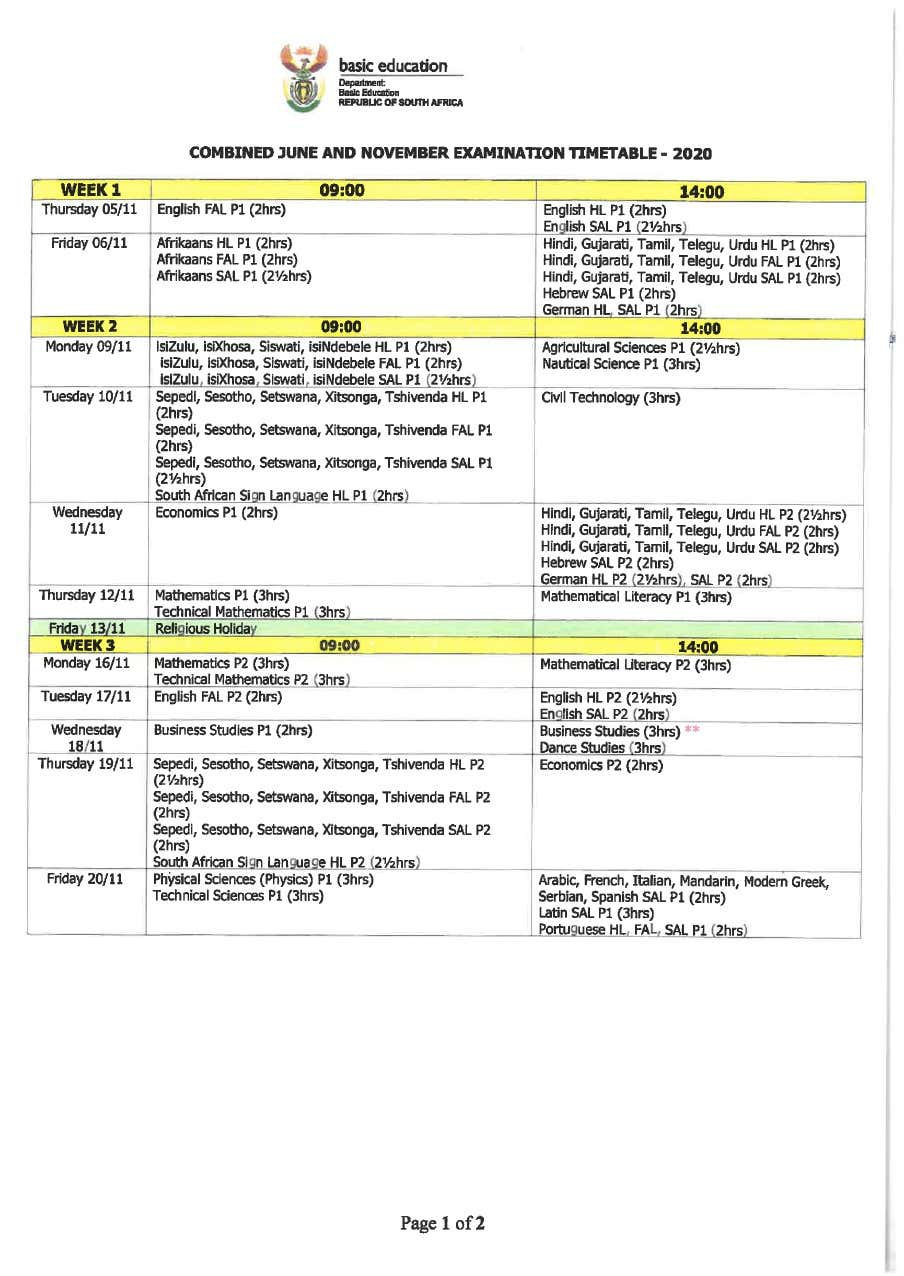 Class of 2020 timetable 1