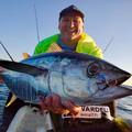 Jamie Wardell with a yellowfin tuna caught off a kayak on the north coast