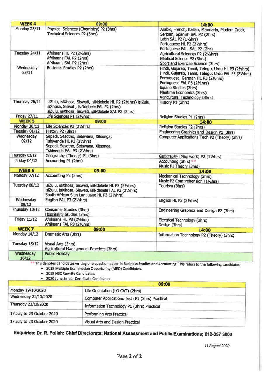 Final exams timetable for the Class of 2020
