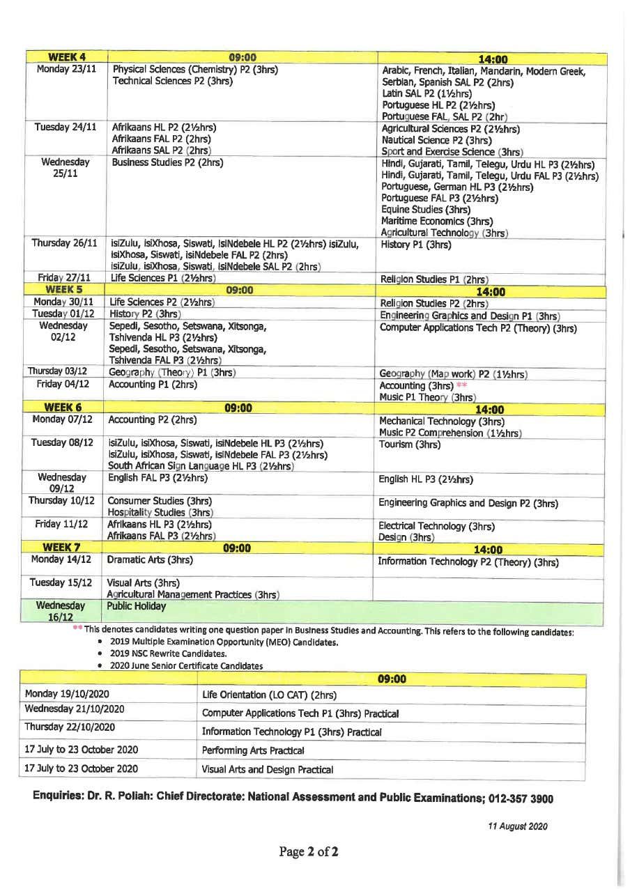 Class of 2020 timetable 2