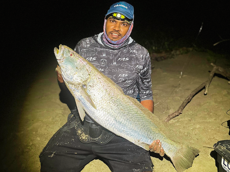Kishan Nankoomar with a Kob fishing at night down the Lower South Coast