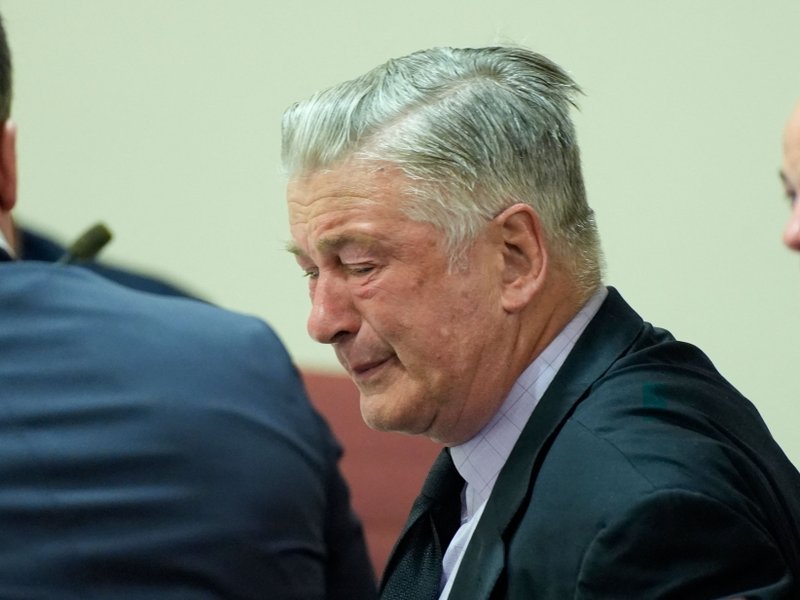 US actor Alec Baldwin gets emotional at the conclusion of his trial on involuntary manslaughter at Santa Fe County District Court in Santa Fe, New Mexico, on July 12, 2024. Baldwin's trial for involuntary manslaughter was dismissed by a judge Friday after