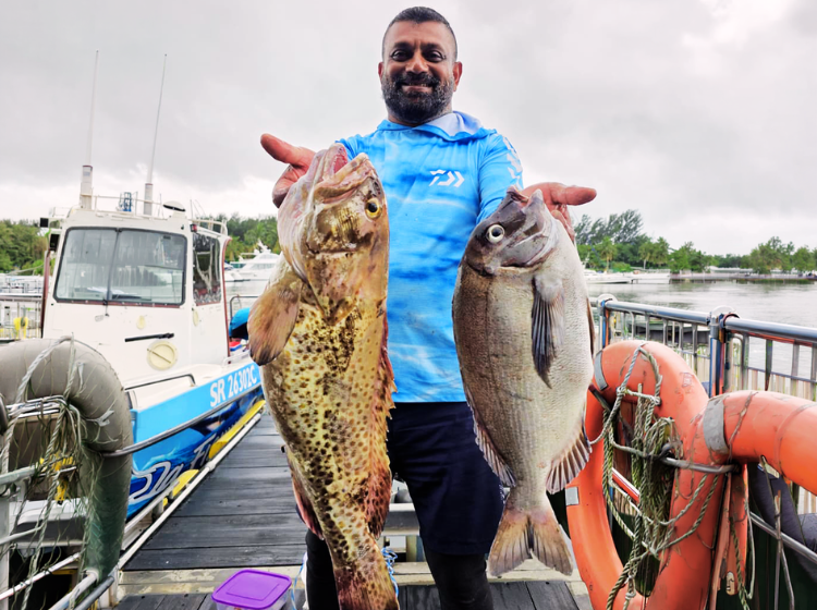 Vino Naiker with a Rockcod (left) and Bronze Bream (right) caught off Richards Bay