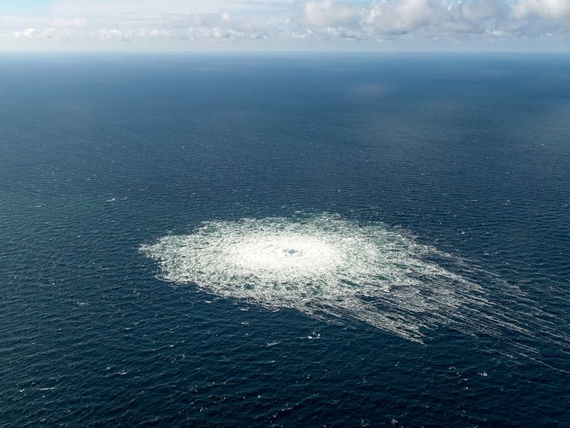 This handout picture released on September 27, 2022 by the Danish Defence Command shows the gas leak at the Nord Stream 2 gas pipeline as it is seen from the Danish Defence's F-16 rejection response off the Danish Baltic island of Bornholm, south of Dueod