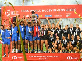 Samoa Rugby 7s men team (L) and New Zealand Rugby 7s women team (R) in Cape Town