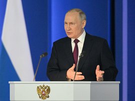 Russian President Vladimir Putin delivers his annual state of the nation address at the Gostiny Dvor conference centre in central Moscow on February 21, 2023.