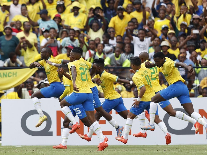 Sundowns' forward Peter Shalulile (L) celebrate his goal with teammates