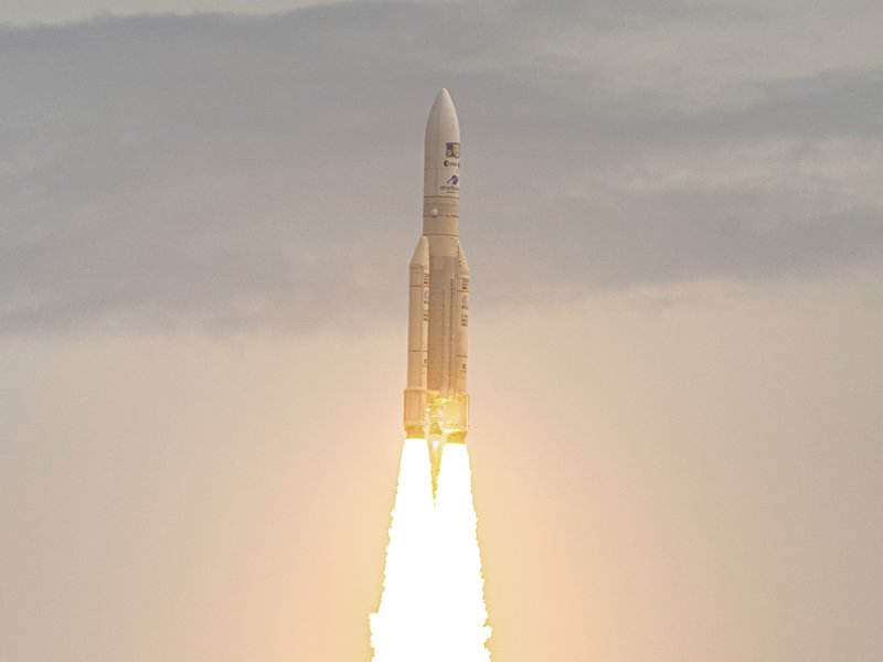 This photograph taken on April 14, 2023, shows Arianespace's Ariane 5 rocket lifting off from its launchpad