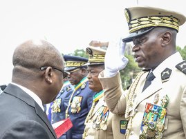 Head of Gabon's elite Republican Guard, General Brice Oligui Nguema (R)