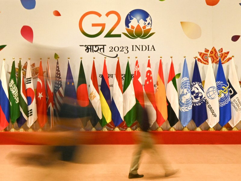 Flags of participating countries at G20 venue in India in 2023