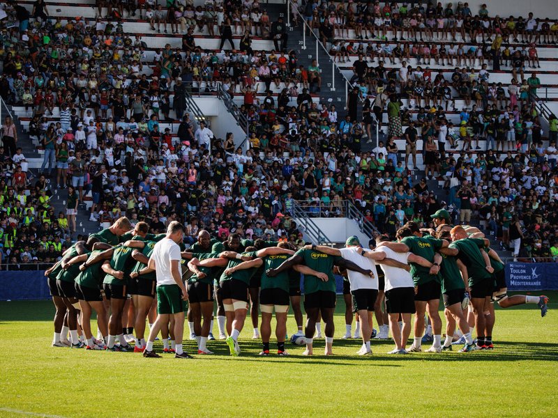 Springbok players huddle at 2023 Rugby World Cup
