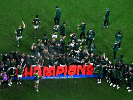 Springbok players celebrate winning the 2023 Rugby World Cup