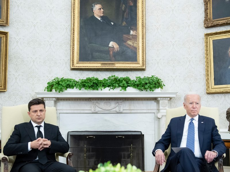 US President Joe Biden and Ukraine's President Volodymyr Zelensky before a meeting in the Oval Office of the White House September 1, 2021, in Washington, DC. Ukraine's President Volodymyr Zelensky is only the second European leader to meet President Joe