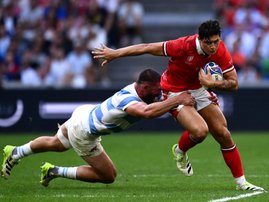 Louis Rees-Zammit playing for Wales in the Rugby World Cup in 2023