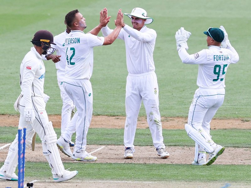 Proteas celebrate wicket against New Zealand February 2024