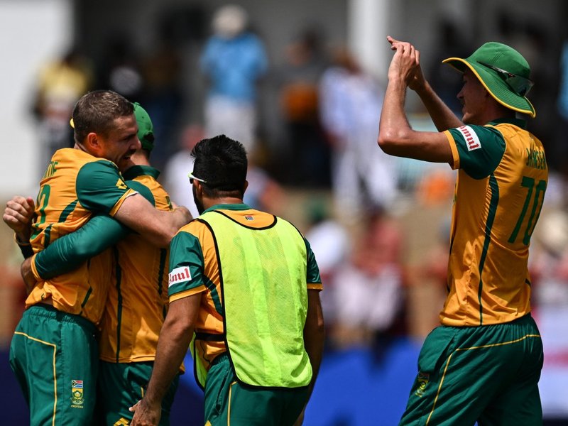 South Africa teammates celebrates after England's Harry Brook is dismissed during the ICC men's Twenty20 World Cup 2024 Super Eight cricket match between England and South Africa at Daren Sammy National Cricket Stadium in Gros Islet, Saint Lucia, on June