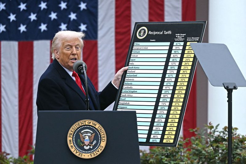 US President Donald Trump holds a chart as he delivers remarks on reciprocal tariffs