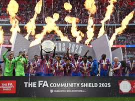Crystal Palace's players celebrate with the trophy after Palace win the English FA Community Shield football match between Crystal Palace and Liverpool at Wembley Stadium