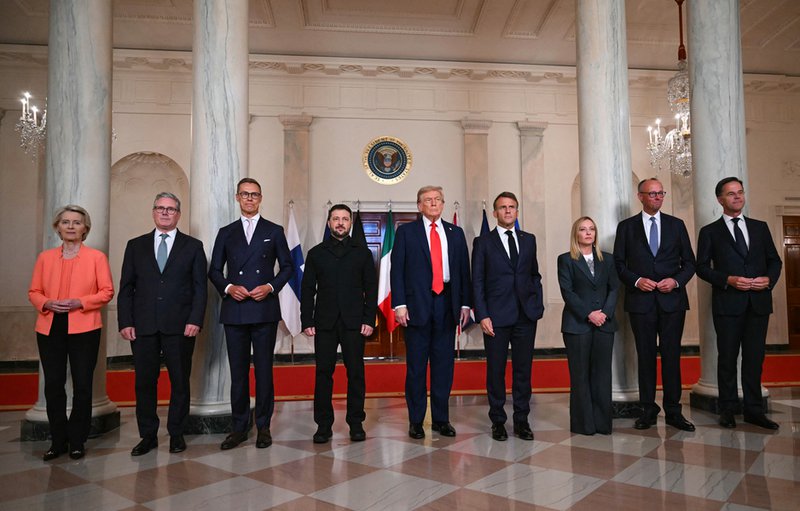 European Commission President Ursula von der Leyen, British Prime Minister Keir Starmer, Finnish President Alexander Stubb, Ukrainian President Volodymyr Zelensky, US President Donald Trump, French President Emmanuel Macron, Italian Prime Minister Giorgia