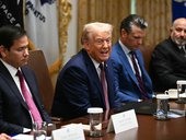US President Donald Trump speaks during in a cabinet meeting, alongside Secretary of State Marco Rubio (L), Secretary of Defense Pete Hegseth