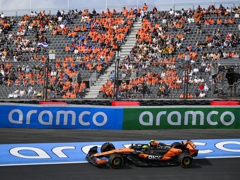 McLaren's British driver Lando Norris drives during the first practice session ahead of the Formula One Dutch Grand Prix at The Circuit Zandvoort