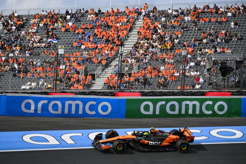 McLaren's British driver Lando Norris drives during the first practice session ahead of the Formula One Dutch Grand Prix at The Circuit Zandvoort